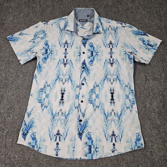 Bespoke Moda Button Up Shirt Medium Blue White Light Fractals Sport Geometric - Picture 1 of 6